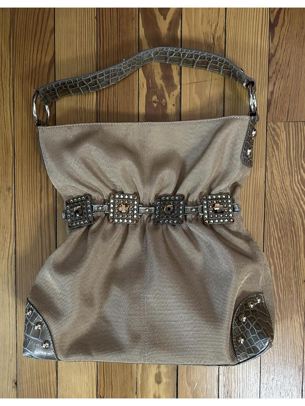 Y2K Kathy Van Zeeland Metallic Bronze Handbag Studded Rhinestone Satchel